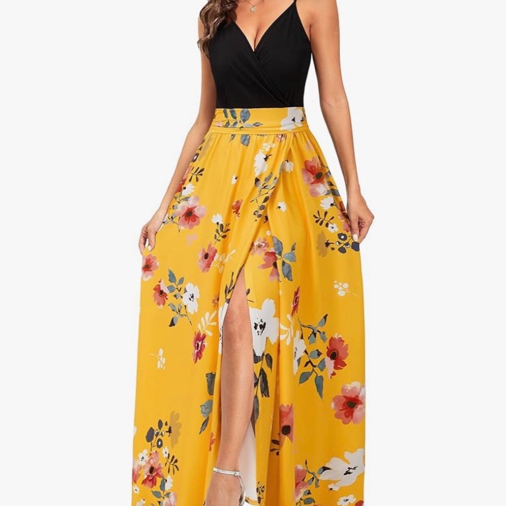 Floral Yellow and Black Maxi Dress